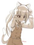  1girl animal_ears bangs bell belt blunt_bangs blush cat_ears cowboy_shot dress ebifly eyebrows_visible_through_hair fake_animal_ears hands_up holding jingle_bell kantai_collection kasumi_(kantai_collection) long_hair long_sleeves looking_down monochrome neck_ribbon nose_blush pinafore_dress ribbon sepia shirt side_ponytail simple_background solo standing sweatdrop tail twitter_username white_background 