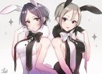  2girls :o animal_ears bangs bare_shoulders black_gloves black_leotard blue_hair blush breasts bunny_girl bunny_tail buttons eyebrows_visible_through_hair fake_animal_ears gloves gradient gradient_background grey_eyes grey_hair half_gloves hand_up hayami_kanade highres idolmaster idolmaster_cinderella_girls ilo leotard looking_at_viewer medium_breasts multiple_girls necktie parted_bangs rabbit_ears ribbon shiomi_shuuko short_hair sideboob signature simple_background smile symmetry tail tongue tongue_out upper_body white_gloves white_leotard yellow_eyes 
