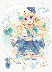  1girl :d absurdres ahoge animal_ears animal_hood bangs bell blonde_hair blue_bow blue_footwear blue_skirt blush bow bow_legwear bowtie braid cat_ears cat_girl cat_hood cat_tail center_frills clouds commentary_request eyebrows_visible_through_hair fang flower frilled_skirt frills gloves green_bow hair_between_eyes hair_bow hair_ornament hairclip hairpin high_heels highres holding holding_wand hood jingle_bell leg_ribbon long_hair looking_at_viewer open_mouth original outstretched_arms revision ribbon sakura_oriko shirt shoe_bow shoes short_hair short_sleeves skirt smile solo sparkle tail thigh-highs twin_braids wand white_gloves white_legwear white_shirt 