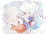  2boys black_hair blue_eyes blush braid brown_eyes child eye_contact hands_on_another&#039;s_cheeks hands_on_another&#039;s_face hat ichi_kotoko katsuki_yuuri looking_at_another male_focus mittens multiple_boys open_mouth russian_clothes silver_hair smile snowing teenage viktor_nikiforov younger yuri!!!_on_ice 