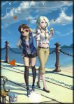  2girls absurdres adjusting_eyewear alternate_costume asymmetrical_bangs bangs bare_shoulders belt bench blonde_hair blue_eyes blue_sky blue_vest breasts brown_hair casual chains clouds diana_cavendish eyewear_removed food groin gy_(l964625780) heart highres ice_cream ice_cream_cone kagari_atsuko kneehighs leaning_forward little_witch_academia long_hair long_sleeves looking_at_viewer medium_breasts midriff multiple_girls navel open_mouth pants park_bench short_ponytail sky star star_print user_interface vest waffle_cone 