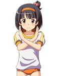  1girl bangs black_hair blunt_bangs bow buruma child collarbone commentary_request cowboy_shot crossed_arms frown gym_uniform hair_bow hair_ornament hairband high_ponytail idolmaster idolmaster_million_live! lielos light_blush looking_at_viewer medium_hair nakatani_iku orange_buruma orange_eyes shirt side_ponytail simple_background solo sweatdrop t-shirt v-shaped_eyebrows white_background x_arms 