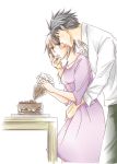  1boy 1girl black_hair blush brown_hair cake chiaki_shin&#039;ichi dress food hetero hug hug_from_behind noda_megumi nodame_cantabile parted_lips pastry_bag purple_dress short_hair standing table 