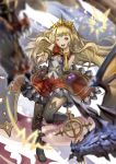  1girl :d bangs black_footwear blunt_bangs blurry blurry_foreground blush boots bracer cagliostro_(granblue_fantasy) depth_of_field floating_hair frilled_skirt frills granblue_fantasy highres long_hair one_eye_closed open_mouth pointing pointing_at_viewer red_skirt shimashima_(simasima_23) skirt smile solo standing standing_on_one_leg thigh-highs thigh_boots tiara vest violet_eyes 