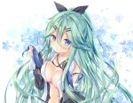  1girl aqua_hair blue_eyes blush bow breasts eyebrows_visible_through_hair eyes_visible_through_hair floral_background flower hair_bow hair_ornament hairclip kantai_collection kurun_(kurun777) long_hair long_sleeves looking_at_viewer midriff navel parted_lips partially_undressed sleeves_past_wrists solo yamakaze_(kantai_collection) 