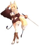  1girl :3 animal_ears barbariank blonde_hair boots brown_footwear eyebrows_visible_through_hair fire_emblem fire_emblem_if fox_ears fox_shadow_puppet fox_tail full_body fur_collar green_eyes hair_ornament highres kinu_(fire_emblem_if) knee_boots legs_crossed looking_at_viewer short_hair single_thighhigh smile solo sword tail thigh-highs transparent_background watson_cross weapon white_legwear wide_sleeves 