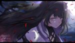  1girl artist_name bangs black_hair blake_belladonna closed_mouth eyebrows_visible_through_hair isshiki_(ffmania7) letterboxed lips long_hair looking_at_viewer petals rwby sidelocks signature solo twitter_username upper_body wind yellow_eyes 