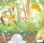  2girls afterimage animal_ears bare_shoulders breasts elbow_gloves gloves hat hat_feather highres kaban_(kemono_friends) kemono_friends kotoyoshi_yumisuke multiple_girls serval_(kemono_friends) serval_ears serval_print serval_tail smile solo tail thighs translation_request 