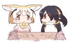  2girls :3 animal_ears black_hair blonde_hair bow bowtie brown_eyes desk emperor_penguin_(kemono_friends) eyebrows_visible_through_hair face_of_the_people_who_sank_all_their_money_into_the_fx fennec_(kemono_friends) fox_ears hair_over_one_eye headphones hood hood_down hoodie kemono_friends multicolored_hair multiple_girls one_eye_covered orange_neckwear parted_lips short_hair short_sleeves simple_background streaked_hair sweater tanaka_kusao white_background 