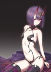  1girl bare_shoulders black_background breasts collarbone emoshon eyebrows_visible_through_hair eyes_visible_through_hair fate/grand_order fate_(series) highres horns jewelry light_smile looking_at_viewer medium_hair navel oni_horns parted_lips petite purple_hair shuten_douji_(fate/grand_order) small_breasts solo violet_eyes 