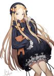  1girl abigail_williams_(fate/grand_order) aiko_(kanl) bangs black_bow blonde_hair bloomers blue_eyes bow butterfly dutch_angle fate/grand_order fate_(series) hair_bow hand_on_own_face hands_in_sleeves highres long_hair long_sleeves looking_at_viewer object_hug orange_bow parted_bangs polka_dot polka_dot_bow signature simple_background sleeves_past_wrists solo stuffed_animal stuffed_toy teddy_bear underwear very_long_hair white_background white_bloomers 