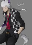  1boy animal_ears doubutsu_no_mori gloves grey_background grey_hair horse_ears horse_tail long_hair low_ponytail male_focus necktie personification red_eyes ronisuke schwartz_(doubutsu_no_mori) simple_background tail 