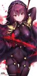  1girl armor blush bodysuit closed_mouth commentary_request covered_navel dual_wielding expressionless fate/grand_order fate_(series) gae_bolg glowing glowing_weapon highres holding holding_weapon kyjsogom long_hair looking_at_viewer pauldrons polearm purple_bodysuit purple_hair red_eyes scathach_(fate/grand_order) shoulder_armor solo spear thigh_gap thighs veil watermark weapon web_address white_background 