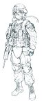  1girl army assault_rifle blonde_hair boots canteen combat_boots first_aid_kit full_body gloves greyscale gun helmet highres holding holding_gun holding_weapon knee_pads looking_at_viewer m4_carbine marine_corps military military_uniform molle_vest monochrome plate_carrier ponytail pouch rifle scissors shooting_glasses smile thomas_hewitt uniform weapon 
