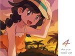  1girl black_hair braid camisole clouds countdown elizabeth_(tomas21) grey_eyes hat looking_at_viewer mizuki_(pokemon_ultra_sm) number orange_shirt palm_tree pokemon pokemon_(game) pokemon_sm pokemon_ultra_sm shirt smile solo sun_hat sunset tree twin_braids 