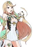  1girl absurdres armor bare_shoulders blonde_hair breasts cleavage cleavage_cutout dress gloves highres mythra_(xenoblade) long_hair looking_at_viewer medium_breasts open_mouth solo standing white_background xenoblade xenoblade_2 yellow_eyes 
