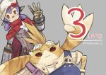 1boy 1girl android bandaid bandaid_on_nose cape countdown goggles goggles_on_head grey_background hana_(xenoblade) nopon number orange_eyes overalls purple_hair red_cape shadow2810 short_twintails simple_background smile tora_(xenoblade) twintails xenoblade xenoblade_2 