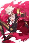  1boy blue_eyes bodysuit cape collar covered_navel earrings fate/grand_order fate_(series) hair_between_eyes jewelry kangetsu_(fhalei) karna_(fate) looking_at_viewer male_focus necklace solo spiked_collar spikes torn_clothes white_hair 