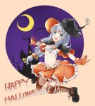  1girl absurdres bat black_legwear blue_eyes breasts capelet crescent_moon eromanga_sensei fujisaki_ribbon gloves hair_ornament halloween_costume happy_halloween hat hat_feather highres izumi_sagiri jack-o&#039;-lantern jack-o&#039;-lantern_hair_ornament jumping long_hair looking_at_viewer midriff miniskirt moon multicolored multicolored_clothes multicolored_legwear navel open_mouth orange_gloves orange_legwear outstretched_arms sarashi shoes silhouette silver_hair skirt small_breasts smile solo striped striped_legwear thigh-highs witch_hat zettai_ryouiki 