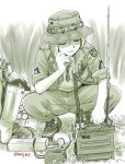  1girl backpack backpack_removed badge bag boots camera closed_eyes ebifly facing_viewer grass hair_between_eyes hat holding holding_phone jacket long_sleeves military original outdoors pants parted_lips phone radio_antenna short_hair soldier solo spread_legs squatting twitter_username 