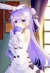  1girl admiral_(azur_lane) azur_lane bare_shoulders blush bow commentary detached_sleeves dress eyes_visible_through_hair gloves hair_between_eyes hair_bun hand_on_another&#039;s_head lavender_hair long_hair object_hug omelet_tomato one_side_up petting solo_focus stuffed_animal stuffed_toy stuffed_unicorn tears unicorn_(azur_lane) violet_eyes white_dress white_gloves 