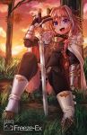  1boy against_tree armor astolfo_(fate) black_bow black_legwear boots bow braid commentary fang fate/apocrypha fate/grand_order fate_(series) freeze-ex gauntlets hair_between_eyes hair_bow hair_intakes hair_over_shoulder long_braid long_hair male_focus outdoors pink_hair planted_sword planted_weapon single_braid sitting solo sunset sweat sword thigh-highs trap tree upskirt v_over_eye violet_eyes weapon 
