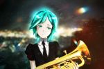  androgynous aqua_eyes aqua_hair black_neckwear blurry blurry_background collared_shirt commentary crossover euphonium eyebrows_visible_through_hair genya_(genya67) hibike!_euphonium highres houseki_no_kuni instrument kurosawa_tomoyo necktie oumae_kumiko phosphophyllite puffy_sleeves seiyuu_connection shirt short_hair short_sleeves solo sparkle sweatdrop upper_body white_shirt 