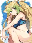  1girl ahoge animal_ears archer_of_red bikini blonde_hair blue_bikini blush breasts dutch_angle fate/apocrypha fate/grand_order fate_(series) green_eyes green_hair kneeling light_smile long_hair looking_at_viewer multicolored_hair nikame sketch smile solo swimsuit 