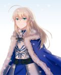  1girl absurdres ahoge alternate_hairstyle armor artoria_pendragon_(all) blonde_hair blue_cape blue_dress breastplate cape dress fate/stay_night fate_(series) fur-trimmed_cape fur_trim green_eyes hair_between_eyes hair_down highres lelejiang long_hair saber smile solo white_background 