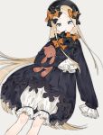  1girl abigail_williams_(fate/grand_order) bangs black_bow black_dress blonde_hair bloomers blue_eyes blush bow brown_background butterfly commentary_request dress dutch_angle fate/grand_order fate_(series) hair_bow hands_in_sleeves head_tilt long_sleeves looking_at_viewer object_hug orange_bow parted_bangs parted_lips polka_dot polka_dot_bow simple_background sino42 solo stuffed_animal stuffed_toy teddy_bear underwear white_bloomers 
