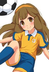  1girl ball bangs blue_legwear blue_shorts blush brown_eyes brown_hair closed_mouth collared_shirt cowboy_shot eyebrows_visible_through_hair feet_out_of_frame hairband highres inazuma_eleven_(series) inazuma_eleven_go long_hair looking_at_viewer sekina shirt shorts simple_background smile soccer_ball socks solo white_background wing_collar yellow_shirt 