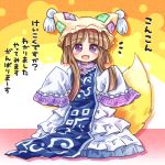  1girl :d brown_hair commentary_request cosplay eyebrows_visible_through_hair fang fox_tail hands_in_sleeves hat hat_with_ears long_hair looking_at_viewer nishida_satono open_mouth oversized_object pote_(ptkan) smile solo tabard tail touhou translation_request violet_eyes yakumo_ran yakumo_ran_(cosplay) 