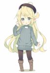  1girl arm_up black_legwear blonde_hair blue_eyes boots charlotta_(granblue_fantasy) dress granblue_fantasy grey_sweater hat knee_boots long_hair meito_(maze) open_mouth pantyhose pointy_ears solo sweater sweater_dress 