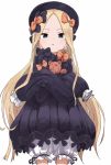  1girl abigail_williams_(fate/grand_order) absurdres bangs black_bow black_dress black_hat blonde_hair bloomers blue_eyes bow butterfly commentary_request cowboy_shot crossed_arms dress fate/grand_order fate_(series) hair_bow hands_in_sleeves hat highres long_hair long_sleeves looking_at_viewer object_hug orange_bow parted_bangs parted_lips polka_dot polka_dot_bow simple_background solo stuffed_animal stuffed_toy teddy_bear underwear very_long_hair white_background white_bloomers yamamoto_souichirou 