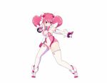  1girl animated animated_gif boots elbow_gloves gloves gun holster holstered_weapon kicking leotard long_hair lowres magical_angel_fairy_heart official_art pink_eyes pink_hair solo spinning spinning_bird_kick split thigh-highs twintails umai_neko upside-down weapon white_legwear 