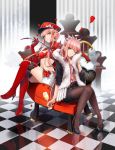  alcohol alluring_chief_warden_look alternate_costume boots champagne checkered checkered_floor cup drinking_glass dual_persona elbow_gloves fate/grand_order fate_(series) flower fur_scarf gloves hat high_heels highres looking_at_viewer medb_(fate/grand_order) midriff navel one_eye_closed pantyhose parted_lips peaked_cap petals pink_hair reflection riding_crop rose shimo_(s_kaminaka) sitting skirt thigh-highs thigh_boots tiara wine_glass yellow_eyes 