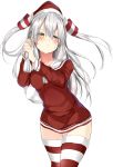  1girl absurdres alternate_costume amatsukaze_(kantai_collection) blush breasts closed_mouth cowboy_shot hair_between_eyes hair_tubes hands_up hat highres holding kantai_collection long_hair long_sleeves looking_at_viewer namuru_(kurinton) over_shoulder red_hat red_shirt sack sailor_collar santa_hat shirt silver_hair simple_background small_breasts solo standing striped striped_legwear thigh_gap thighs two_side_up v-shaped_eyebrows very_long_hair white_background yellow_eyes 