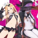  2girls abigail_williams_(fate/grand_order) albino black_bra black_cape black_gloves black_panties blonde_hair blue_eyes blush bow bra cape fate/grand_order fate_(series) flat_chest fur_collar gauntlets gloves hair_between_eyes hair_bow hair_ornament hairband half_gloves hat head_tilt high_collar highres holding_hand kumonji_aruto lavinia_whateley_(fate/grand_order) long_hair looking_at_viewer multiple_girls navel panties parted_lips red_eyes silver_hair sitting sweat sweatdrop underwear very_long_hair white_skin wide-eyed witch_hat 