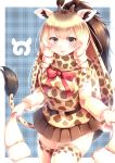  1girl :d absurdres belt black_eyes blonde_hair bow bowtie brown_hair brown_skirt commentary cowboy_shot drill_hair eyebrows_visible_through_hair giraffe_ears giraffe_horns giraffe_print giraffe_tail highres japari_symbol kanzakietc kemono_friends long_hair long_sleeves looking_at_viewer multicolored_hair open_mouth pink_neckwear pleated_skirt print_legwear print_scarf print_shirt rothschild&#039;s_giraffe_(kemono_friends) scarf shirt skirt smile solo thigh-highs twin_drills two-tone_hair zettai_ryouiki 