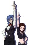  2girls blue_hair bow bowtie breasts brown_hair carol_(skullgirls) crop_top death_parade forehead ganno gem hand_on_hip highres jewelry large_breasts medium_breasts midriff multiple_girls navel necklace one-eyed pale_skin pantyhose pointing pointing_up ponytail pose red_eyes scar scar_across_eye shirt side-by-side side_slit skirt skullgirls small_breasts smile stitches valentine_(skullgirls) vest 