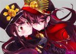  ... 1boy 1girl :| artist_name blush brother_and_sister cape chains cheek-to-cheek closed_mouth commentary_request demon_archer fate/grand_order fate_(series) flying_sweatdrops grey_background long_hair oda_nobukatsu_(fate/grand_order) parted_lips ponytail red_eyes siblings signature spoken_ellipsis tanaka_kii v-shaped_eyebrows very_long_hair wavy_mouth 