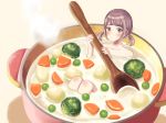  1girl bangs blush broccoli carrot in_container in_food light_brown_hair looking_at_viewer minigirl nude original peas pot potato short_twintails solo soup spoon steam swept_bangs twintails vegetable yellow_eyes 