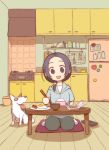  1girl :d blue_hair blue_hoodie chopsticks controller cushion dog eating fried_egg furniture grey_pants hood hood_down hoodie indoors kitchen long_hair looking_at_viewer morifumi open_mouth original oven pants refrigerator remote_control rice rice_bowl side_ponytail sitting smile socks solo table tomato violet_eyes white_legwear 