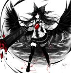  1girl absurdres arm_cannon artist_name black_hair black_legwear black_wings blouse bow grin hair_bow highres long_hair looking_at_viewer puffy_short_sleeves puffy_sleeves red_eyes reiuji_utsuho sheya short_sleeves signature skirt smile solo thigh-highs touhou weapon white_blouse wings zettai_ryouiki 