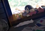  1girl black_eyes black_hair cat closed_mouth day dutch_angle electric_fan fish fishbowl goldfish indoors kitten long_hair lying morifumi on_stomach original paper porch red_shirt shirt short_sleeves smile 