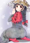  1girl :&gt; ajirogasa ass bangs black_hair blunt_bangs bow braid dress earlobes grey_dress hair_bow hat long_hair looking_at_viewer own_hands_together red_bow red_eyes red_legwear seiza shiro_oolong-cha sitting smile snowflake_background socks solo touhou yatadera_narumi 