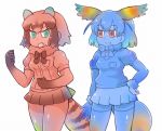  2girls animal_ears bangs blue blue_gloves blue_hair blue_legwear blue_shirt blue_skin blue_skirt bow bowtie common_raccoon_(kemono_friends) elbow_gloves eyebrows_visible_through_hair fang fennec_(kemono_friends) fox_tail fur_collar fur_trim fusion gloves green_eyes head_wings japanese_crested_ibis_(kemono_friends) kemono_friends multiple_girls pleated_skirt puffy_short_sleeves puffy_sleeves raccoon_ears raccoon_tail red red_eyes red_gloves red_shirt red_skirt shirt short_hair short_sleeves simple_background skirt smile standing tail tanaka_kusao thigh-highs v-shaped_eyebrows white_background 