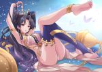  1girl anklet arm_above_head armpits ass barefoot black_hair breasts crown earrings fate/grand_order fate_(series) feet hoop_earrings ishtar_(fate/grand_order) jewelry legs_crossed long_hair medium_breasts reclining red_eyes single_thighhigh soles solo tagme thigh-highs thighs toe-point toes tohsaka_rin yuuki_(yukinko-02727) 