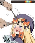  1girl abigail_williams_(fate/grand_order) blonde_hair crying drooling fate/grand_order fate_(series) gameplay_mechanics hat heart heart-shaped_pupils highres keyhole lockpick ribbon sleeves_past_wrists symbol-shaped_pupils the_elder_scrolls the_elder_scrolls_v:_skyrim trembling waterkuma wavy_mouth 