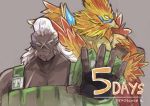 2boys bird copyright_name countdown dark_skin dark_skinned_male grey_background male_focus multiple_boys muscle number overalls pointy_ears scar shadow2810 simple_background suzaku_(xenoblade) upper_body vandham_(xenoblade) white_hair xenoblade xenoblade_2 